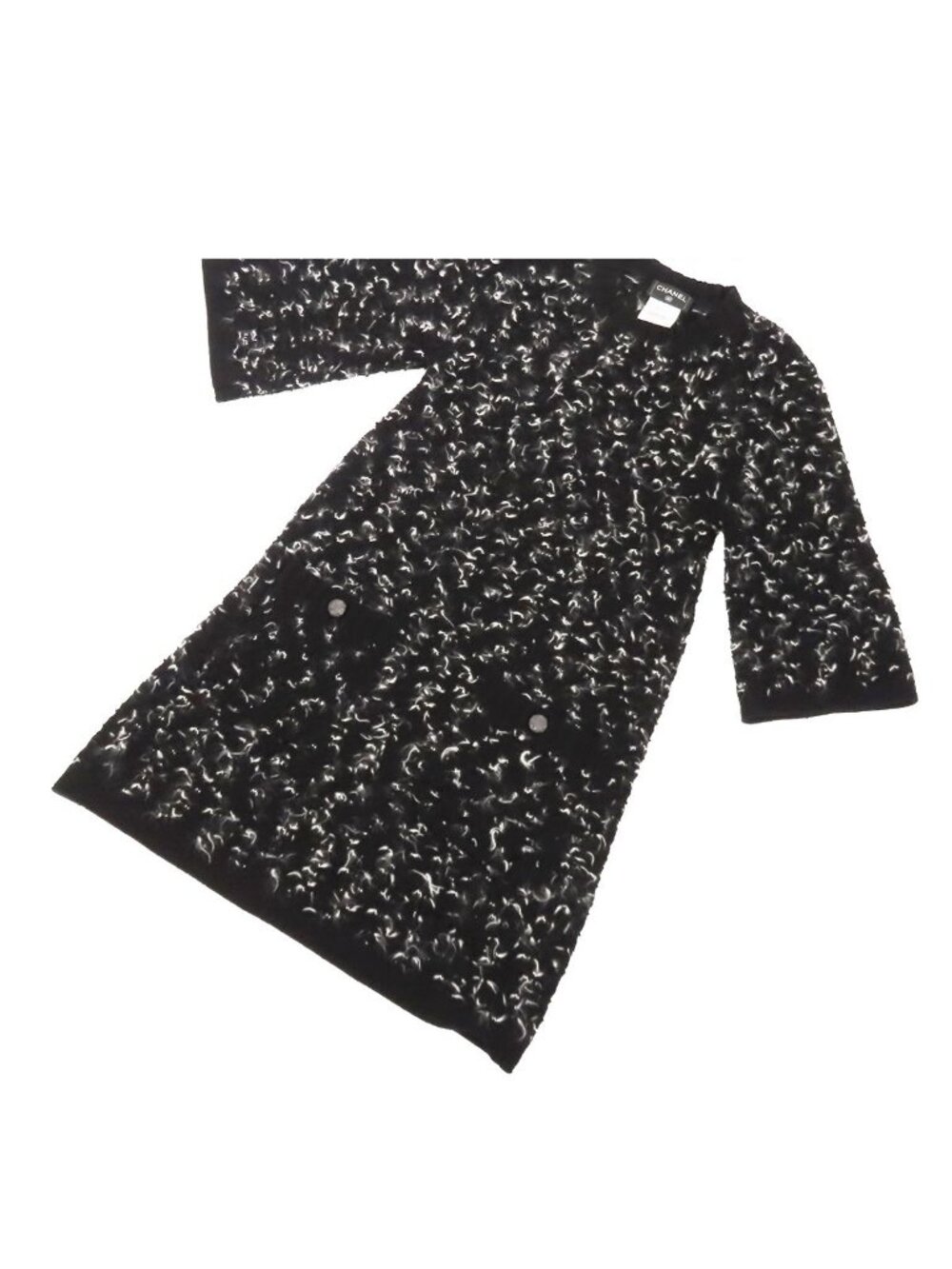 Chanel Knit Dress Black White Wool Cashmere Mohair Fringe Three Quarter Sleeve